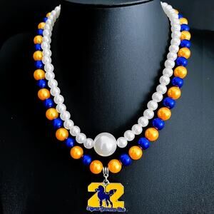 Sigma Gamma Rho Necklace White, Gold and Blue Pearls with Logo